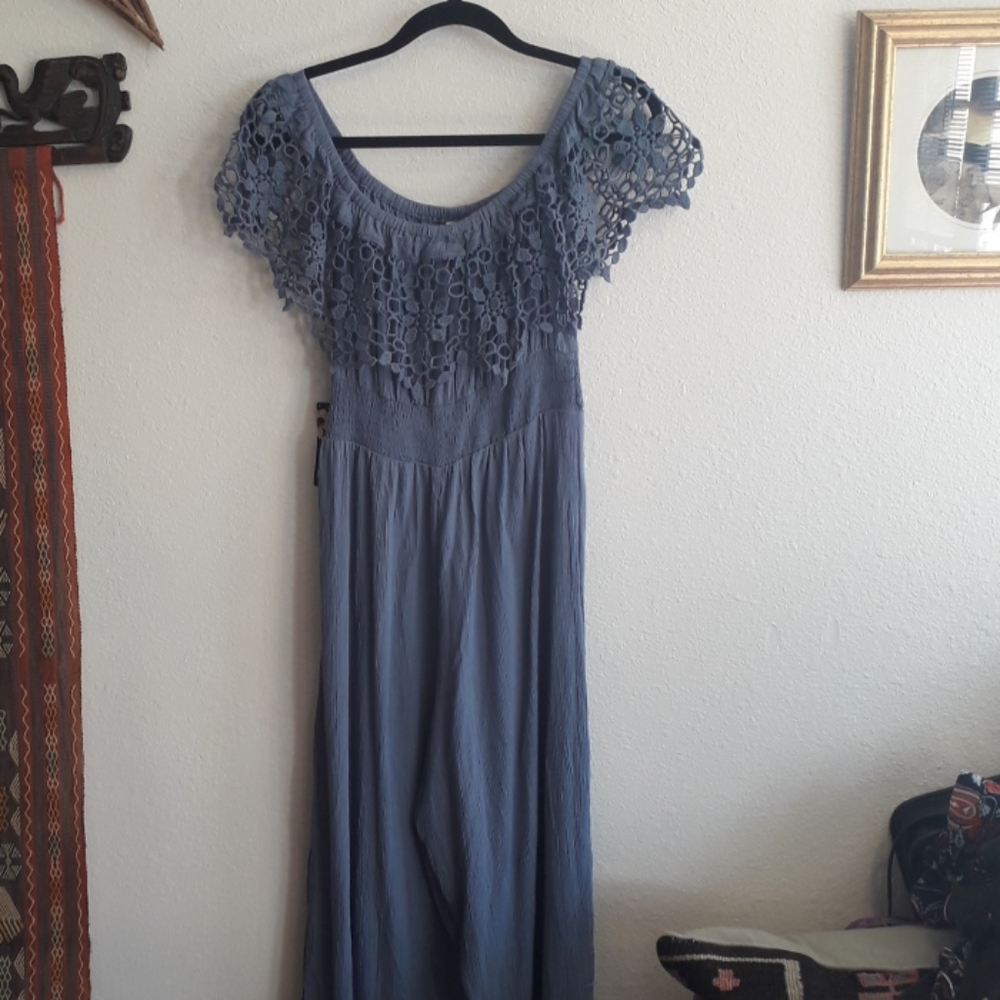 Blush Brand Boho Blue Lace Collar Gauze Pantsuit - Picture 9 of 9